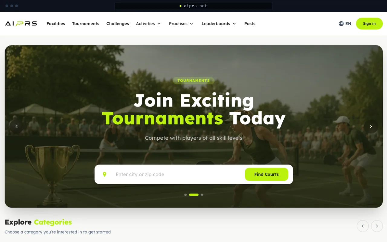 Screenshot of the AIPRS home page (aiprs.net): court finder, tournaments and AI sports features