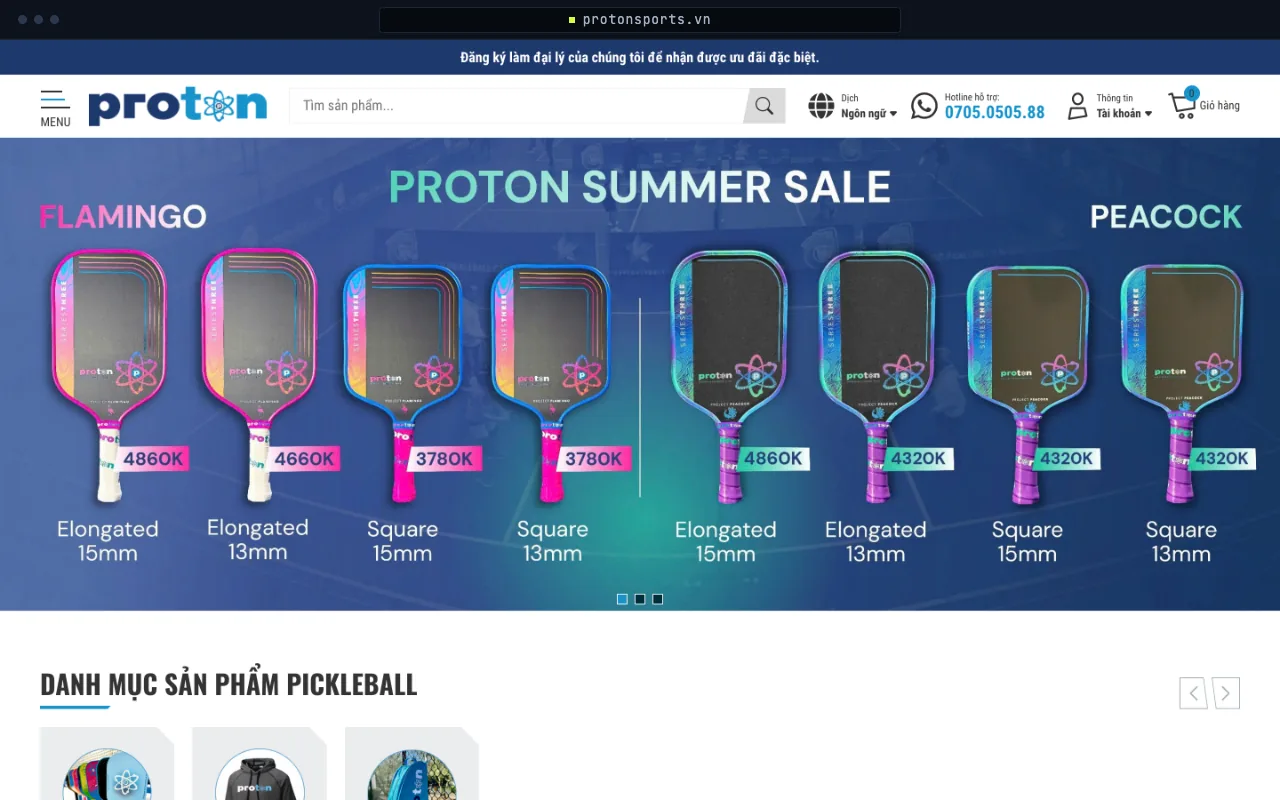 Screenshot of the Proton Sports VN home page (protonsports.vn): Proton pickleball paddles